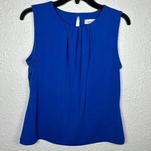 Calvin Klein Women’s Petite PM Sleeveless Blouse Royal Blue Pleated Neckline